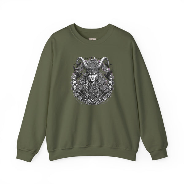 Occult Goat-Heads Crewneck Sweatshirt — Vintage Pagan Skull & Horned Deity Design