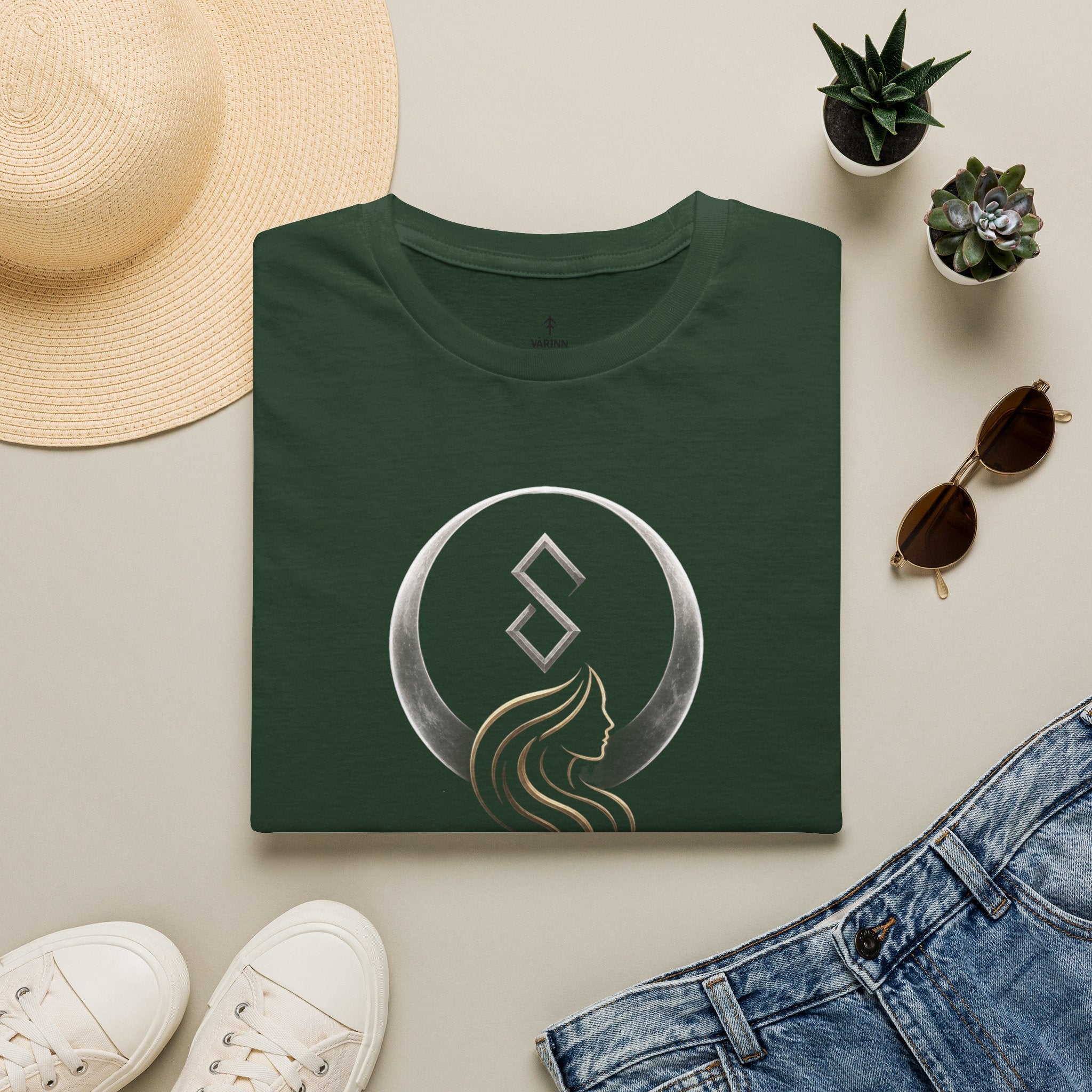 SIF Green Crest T‑Shirt — Celtic Moon & Mermaid Emblem Graphic Tee