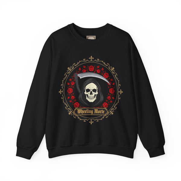 Grim Reaper Floral Crewneck Sweatshirt — "Wheeling Morte" Gothic Skull Pullover
