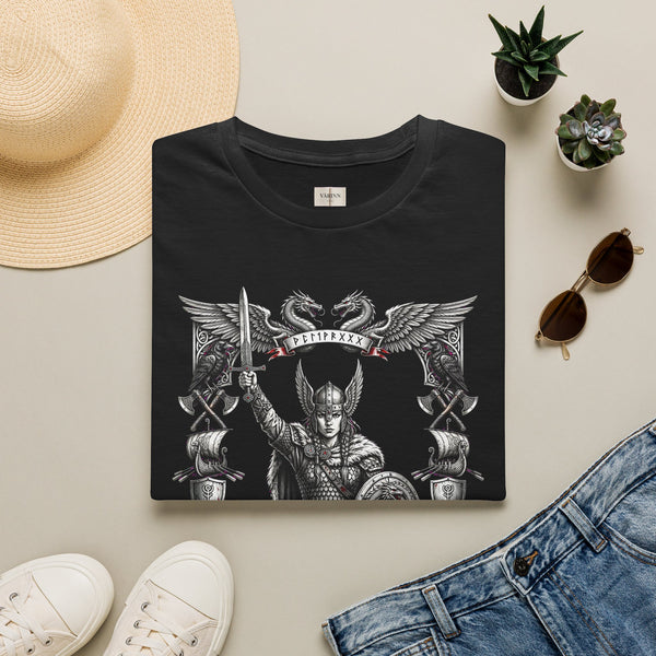 Viking Warrior Graphic T-Shirt — Norse Shieldmaiden Design