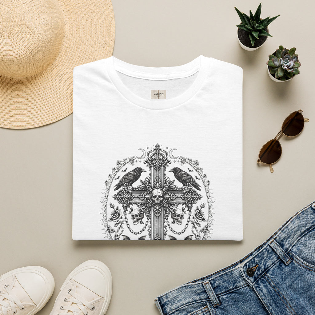Gothic Cross T-Shirt — Raven Skull Ornate Graphic