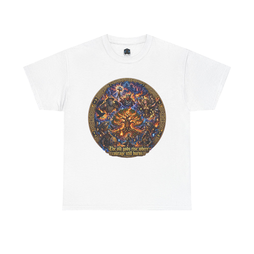 Cosmic Tree of Life Tee — 'The old gods rise; where courage will harvest' Graphic T‑Shirt