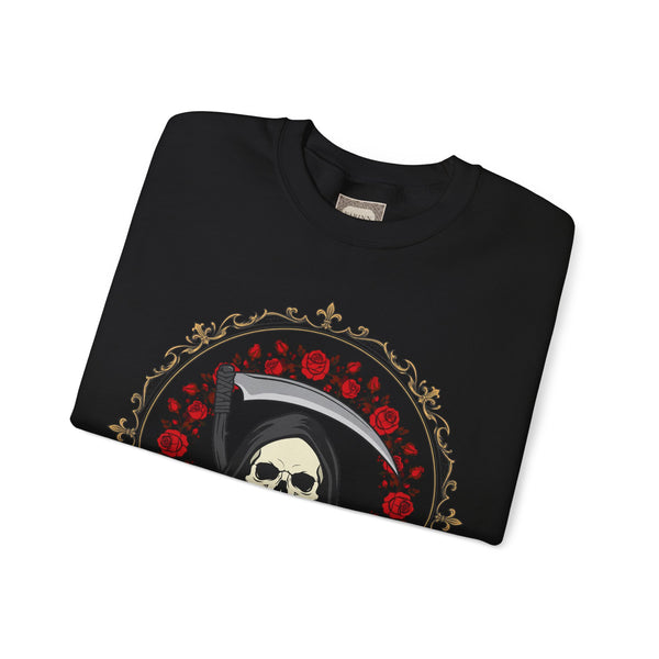 Grim Reaper Floral Crewneck Sweatshirt — "Wheeling Morte" Gothic Skull Pullover
