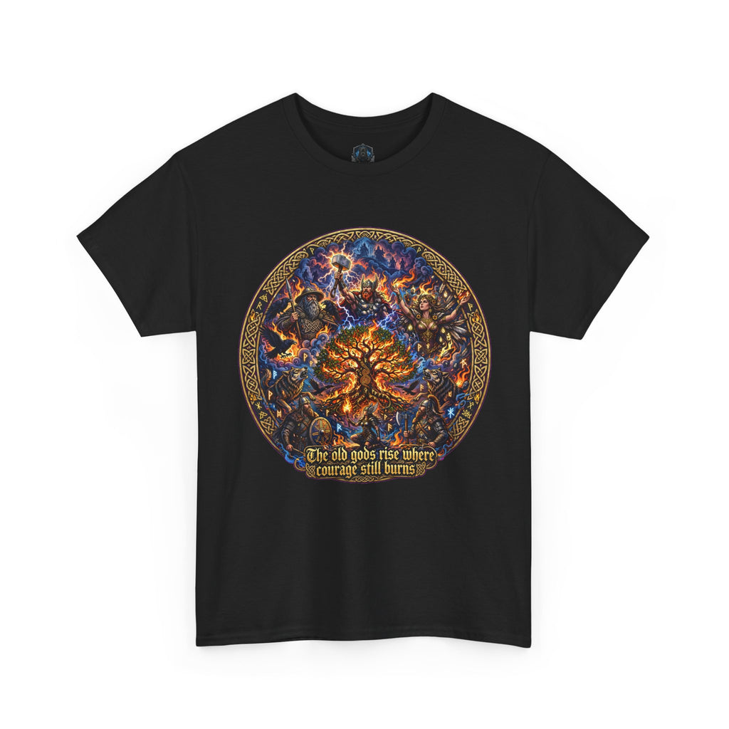 Cosmic Tree of Life Tee — 'The old gods rise; where courage will harvest' Graphic T‑Shirt