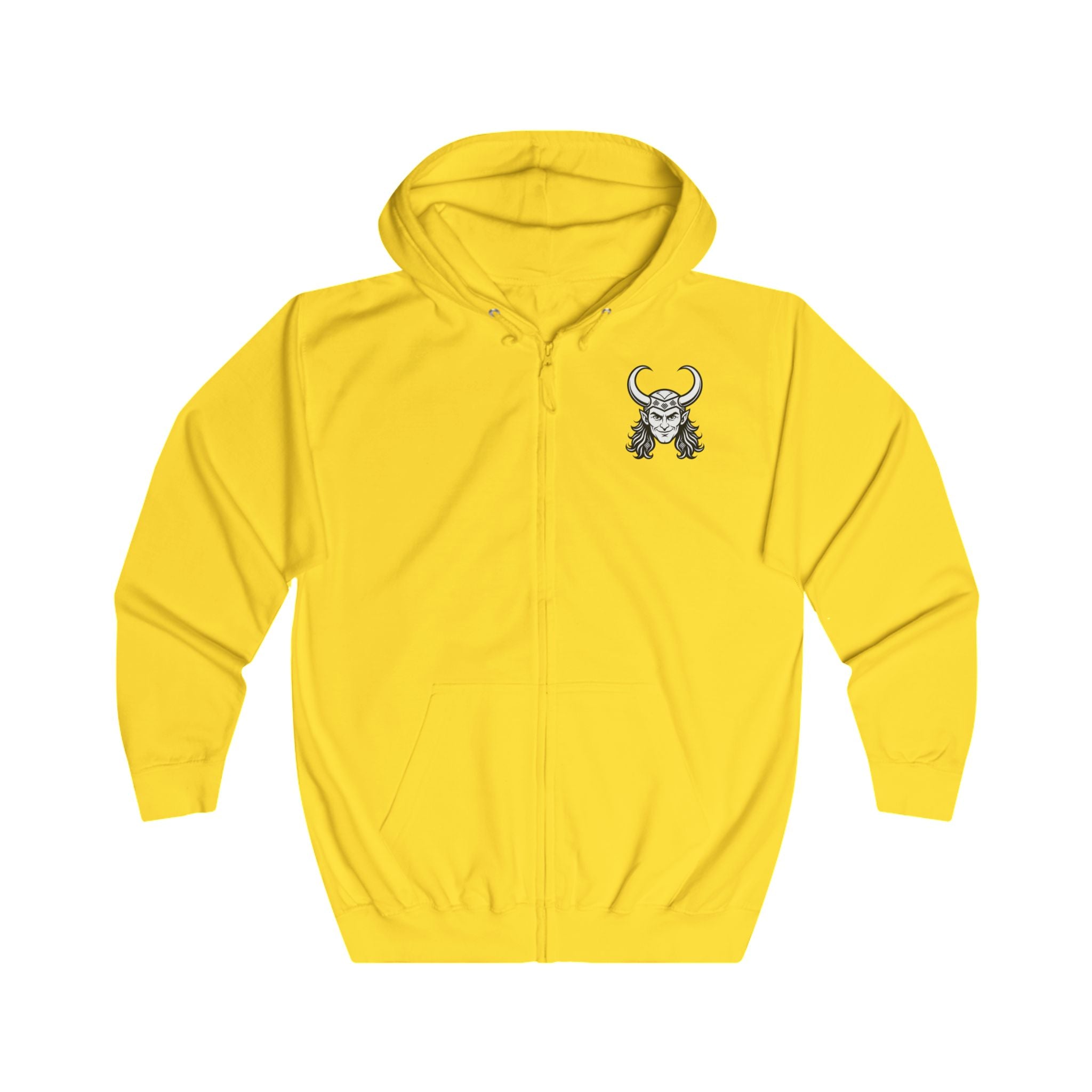 Viking Horned Warrior Zip Hoodie — Norse Helmet Graphic Full-Zip