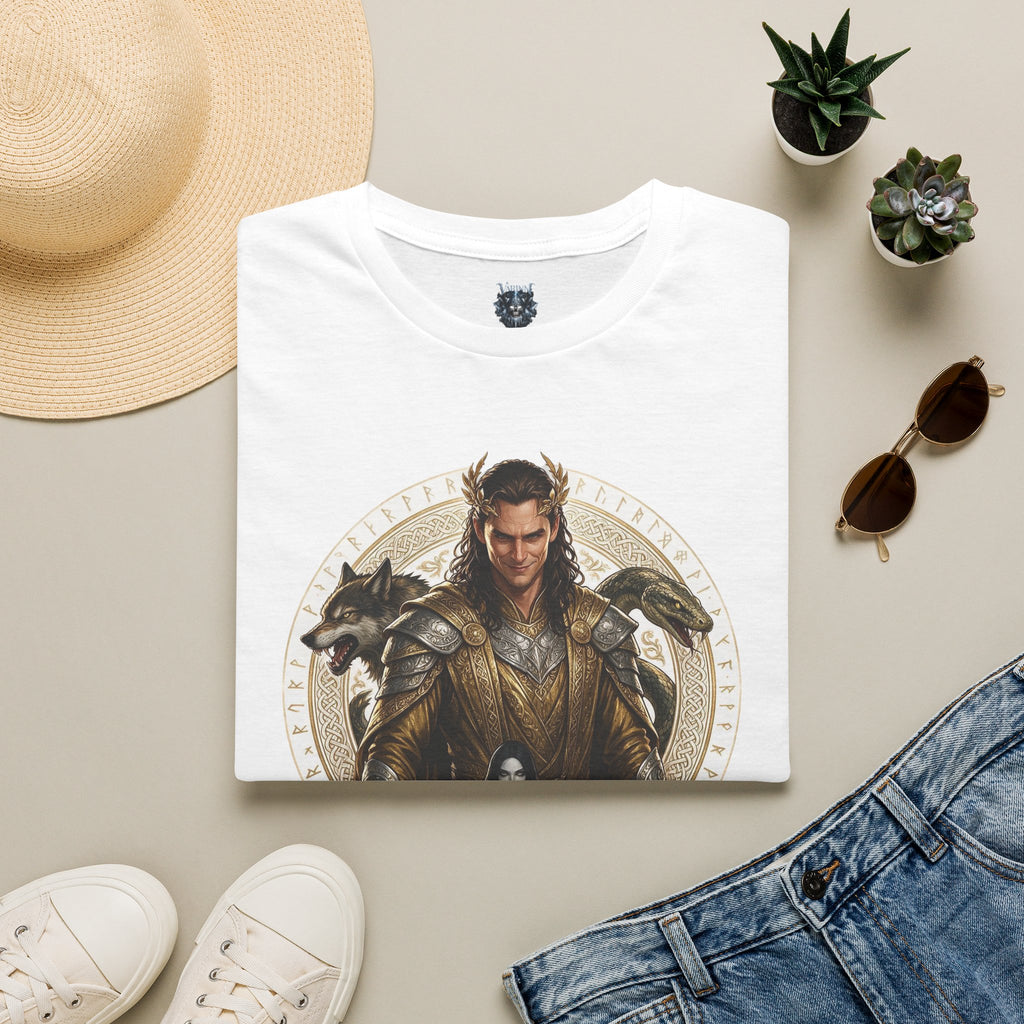 Loki Illustration T‑Shirt — Mythic Norse God Design with Wolves