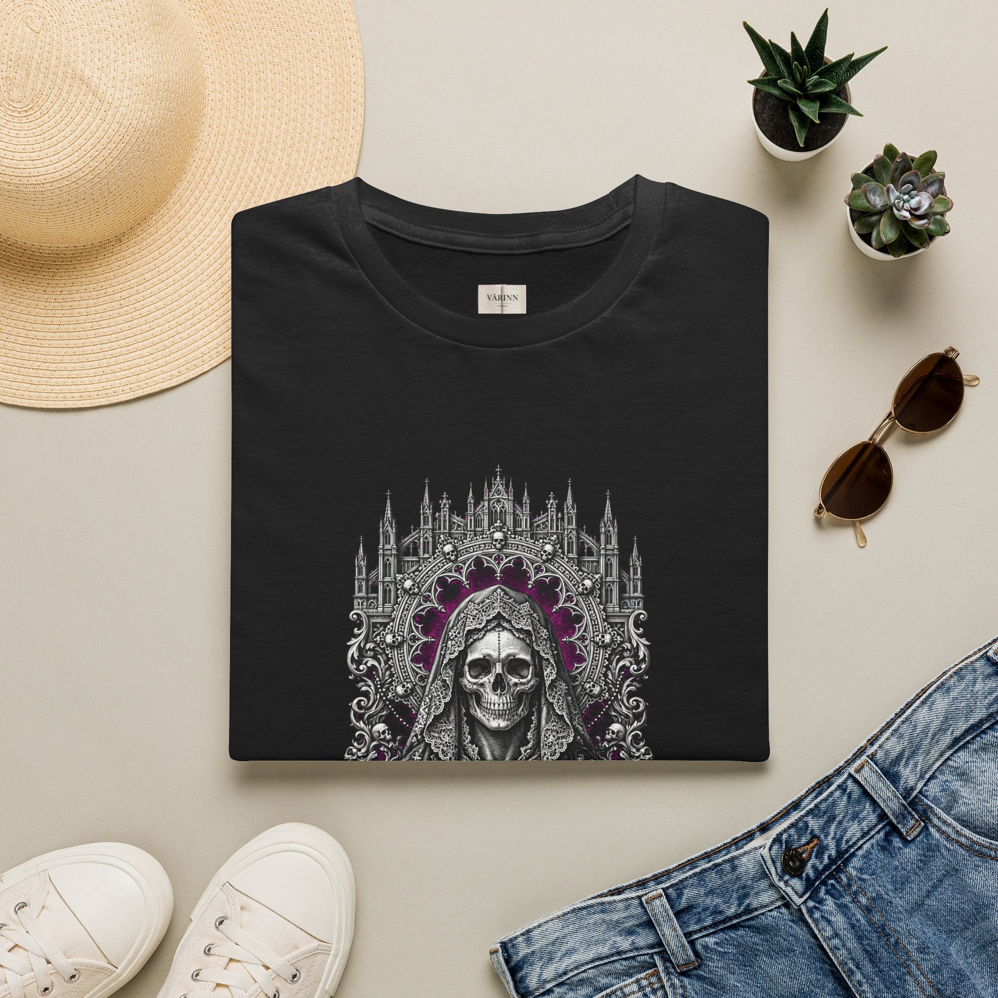 Gothic Skull Madonna T-Shirt — Dark Floral Skeleton Graphic Tee