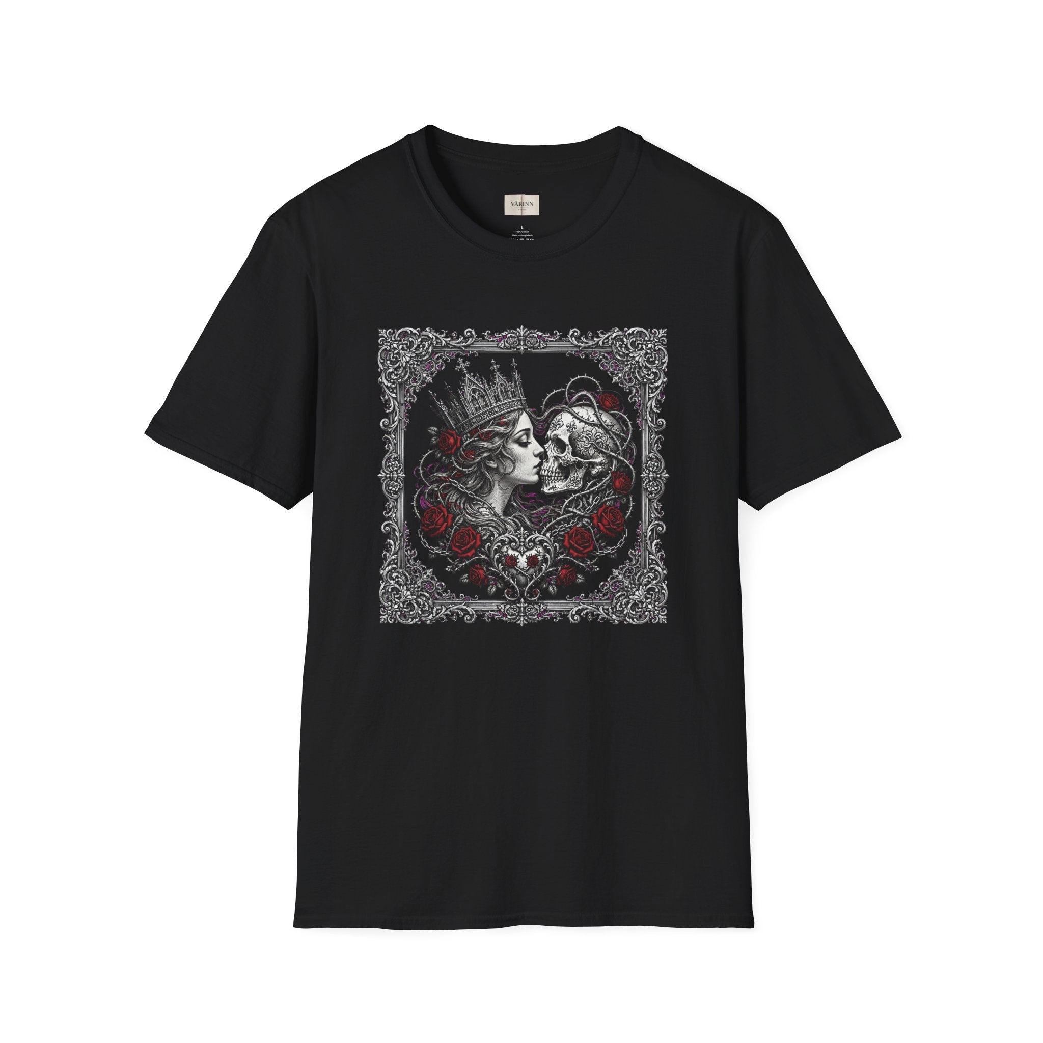 Gothic Queen & Skull Kiss T-Shirt — Romantic Dark Art Tee with Roses