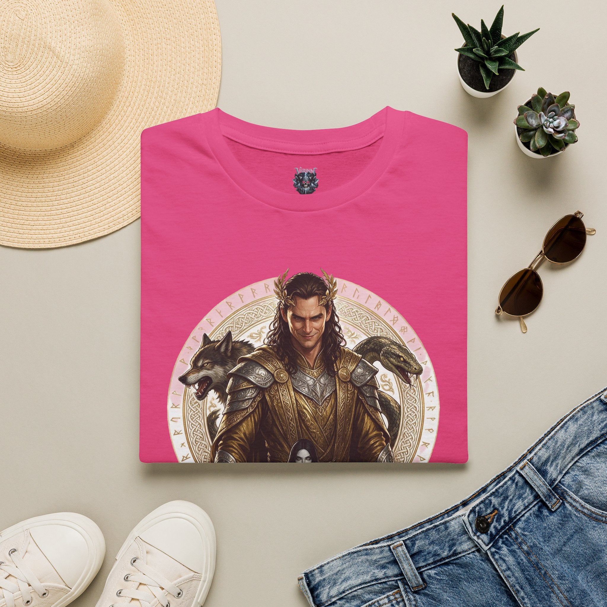 Loki Illustration T‑Shirt — Mythic Norse God Design with Wolves