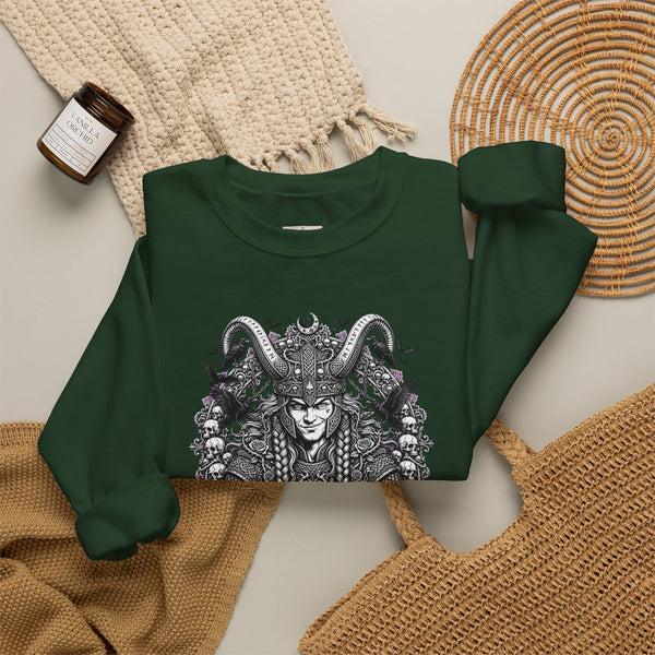 Occult Goat-Heads Crewneck Sweatshirt — Vintage Pagan Skull & Horned Deity Design