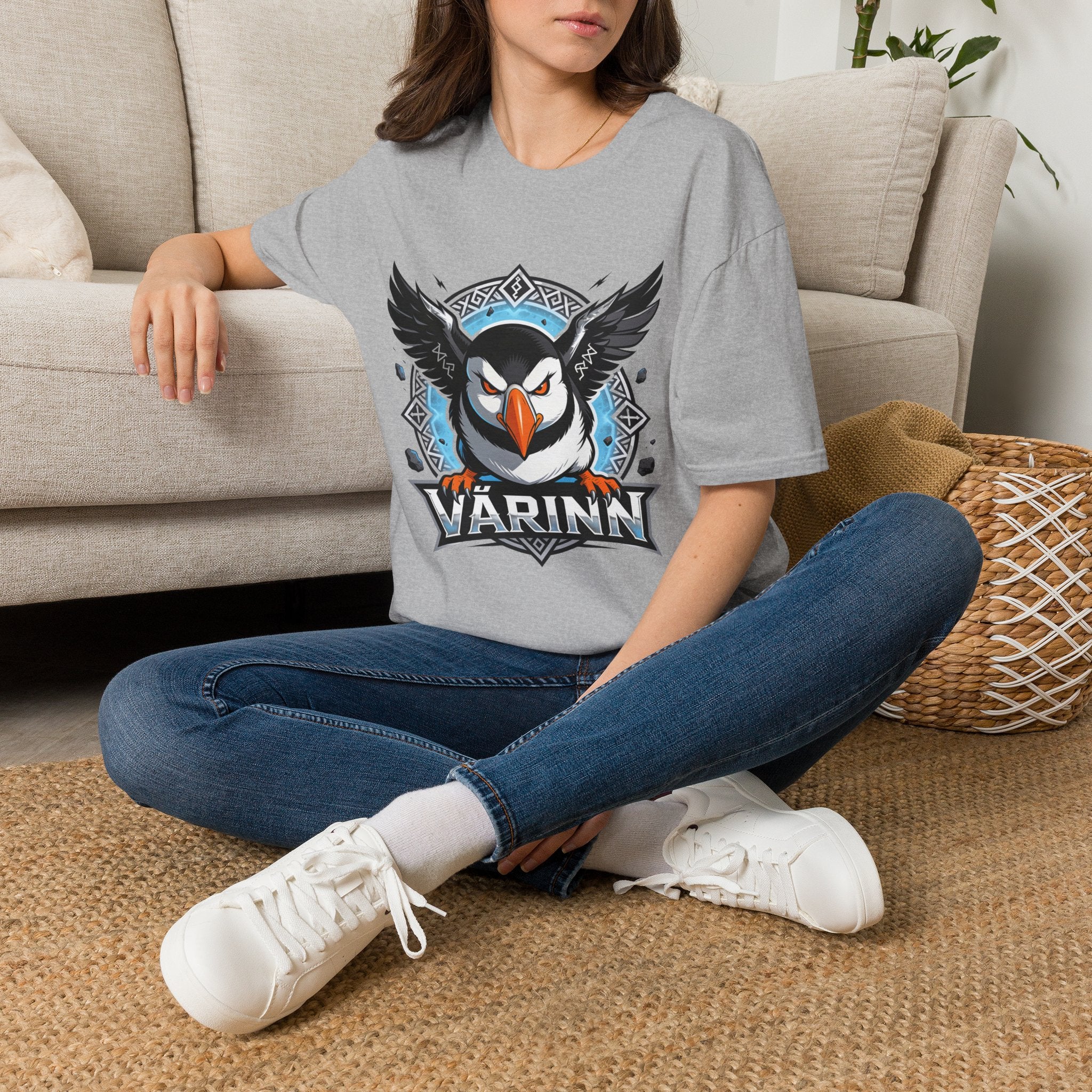 Viking Puffin T-Shirt — Bold Nordic Bird Graphic with "Várinn" Text